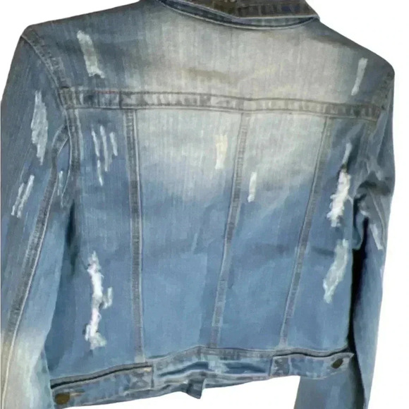 Boho Cropped & Distressed Denim Jacket, Sz L - Picture 4 of 5